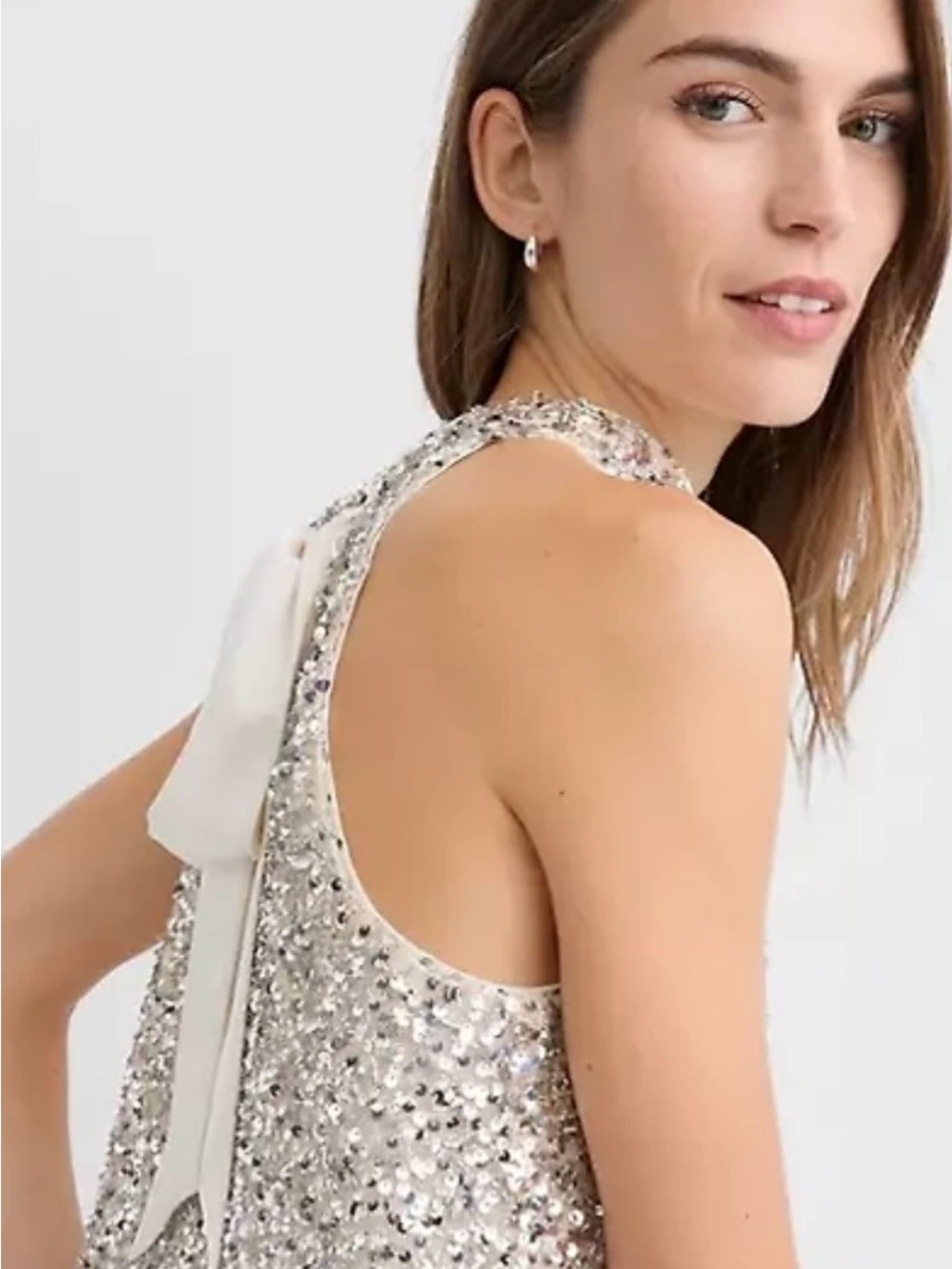 LOFT Silver Sequin Backless Tank with White Back Bow